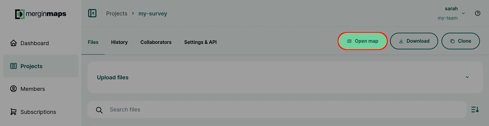 Mergin Maps dashboard Open webmap