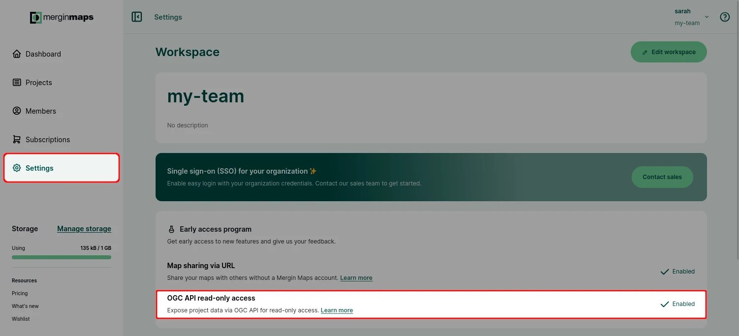 Enabling OGC API access for Mergin Maps workspace