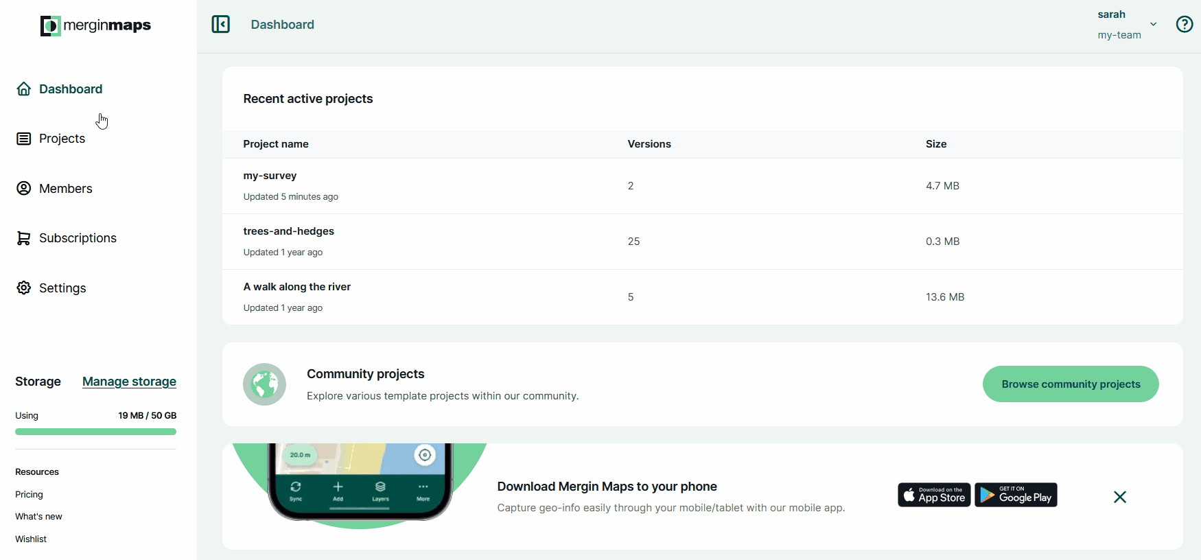 Mergin Maps dashboard map