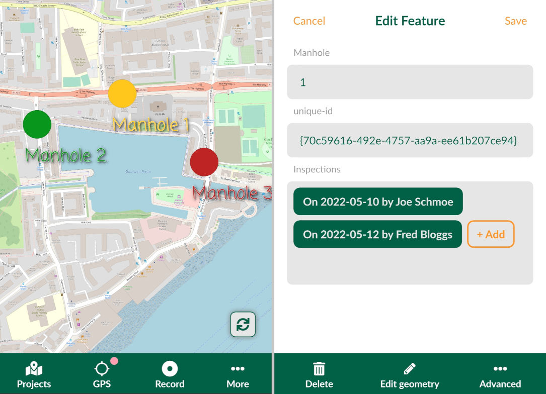 Multiple inspections linked to one point in Mergin Maps mobile app