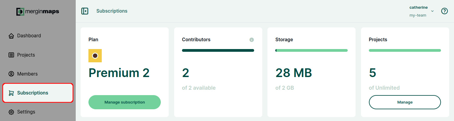 Mergin Maps Dashboard Subscription tab