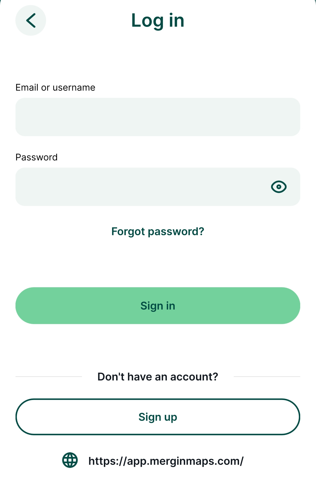 Mergin Maps mobile app Login page