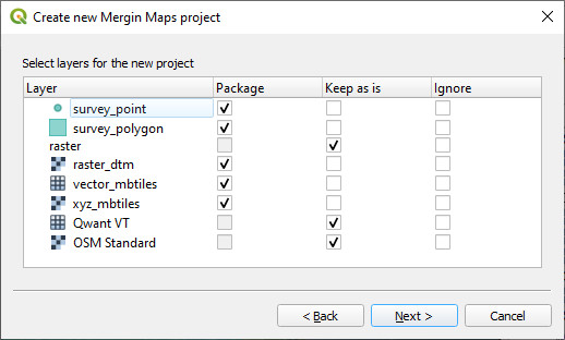 New Mergin Maps project Package current QGIS project