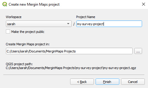New Mergin Maps project name and folder