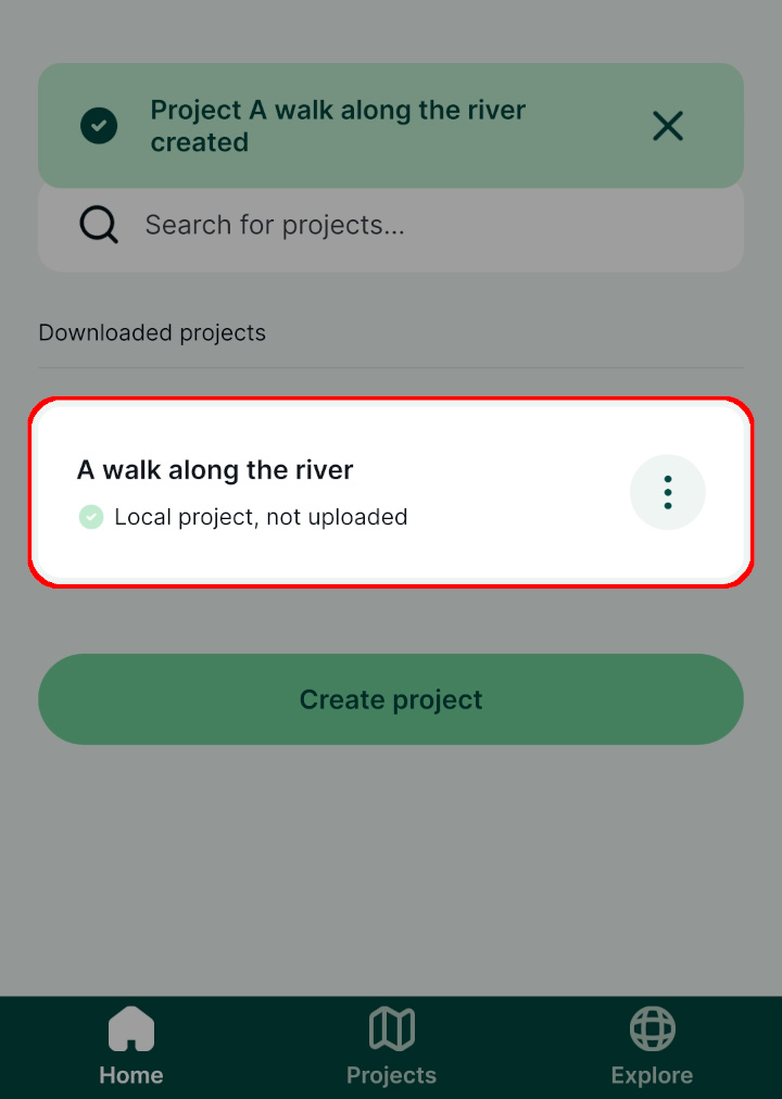 Created project listed in the home tab
