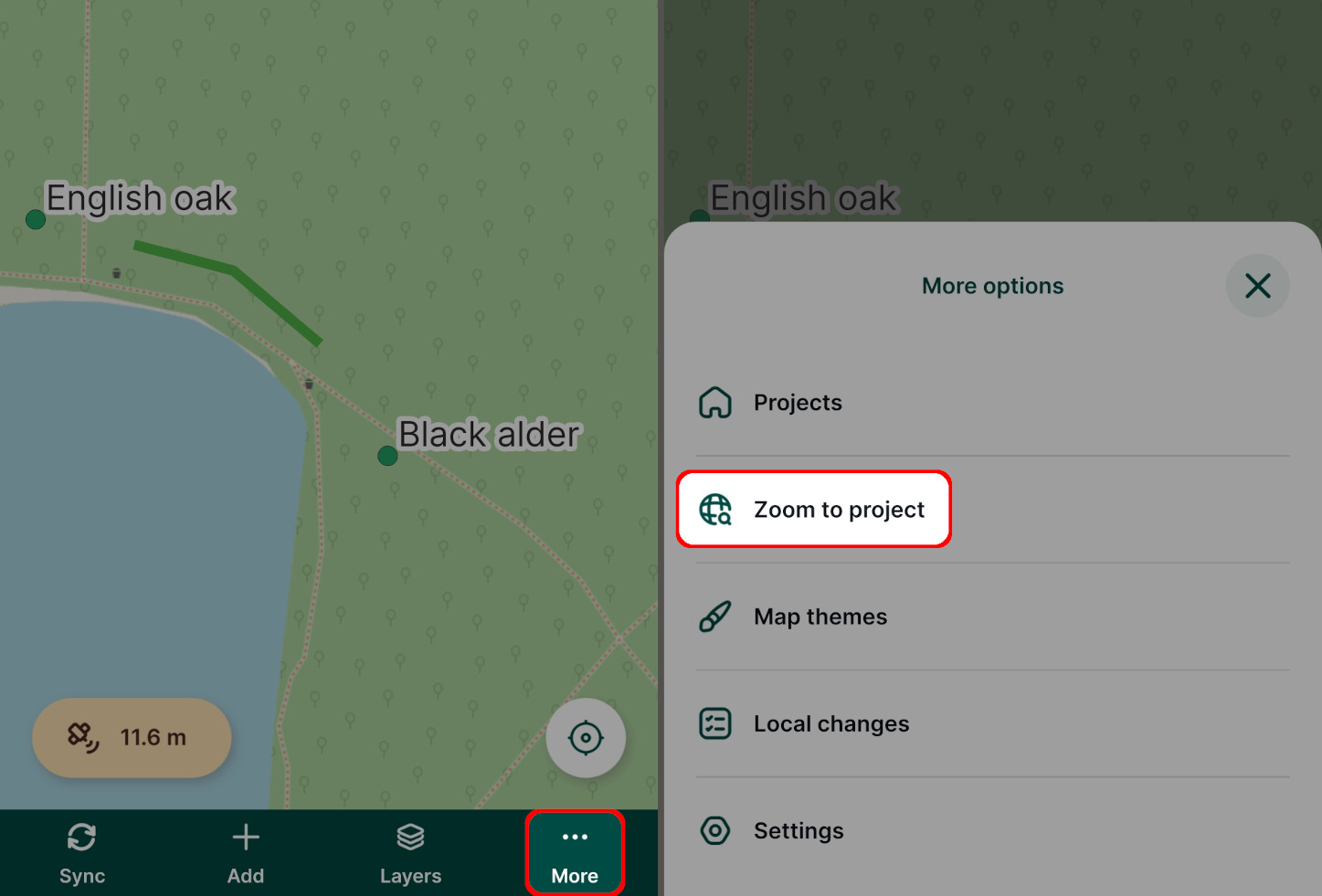 Zoom to project in Mergin Maps mobile app