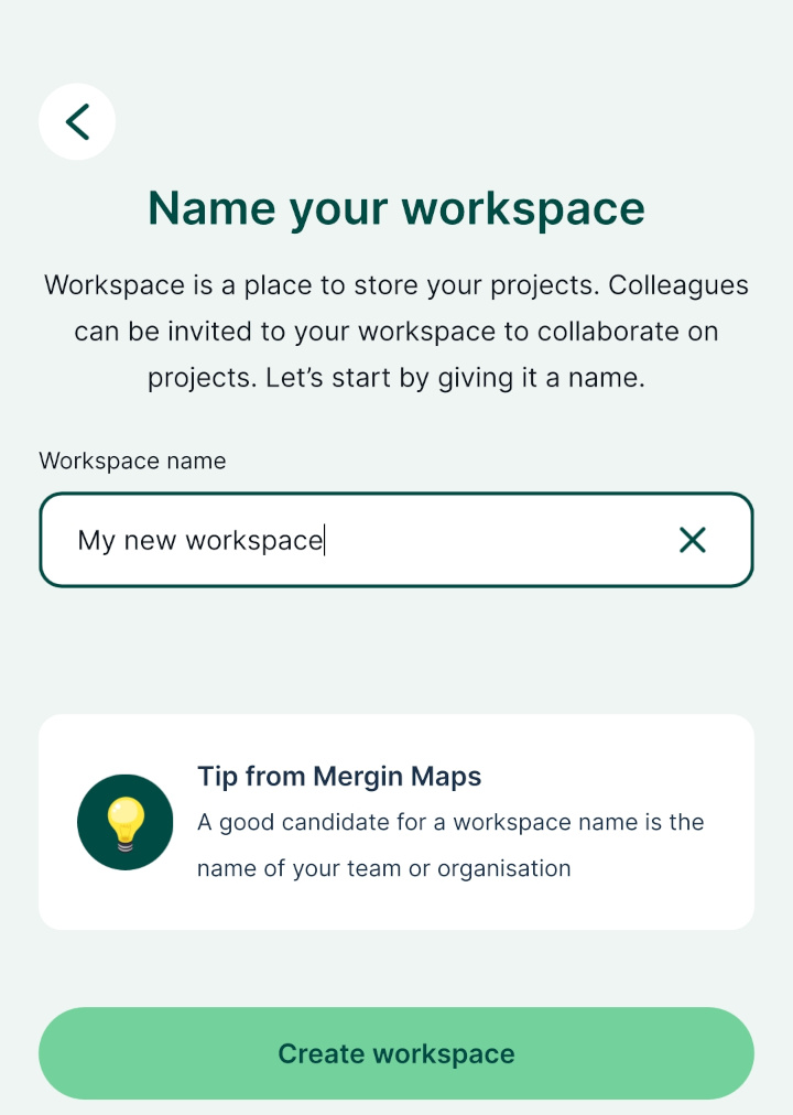 Naming a new workspace in Mergin Maps mobile app