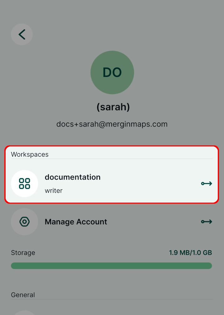 Switch workspace button in Mergin Maps mobile app