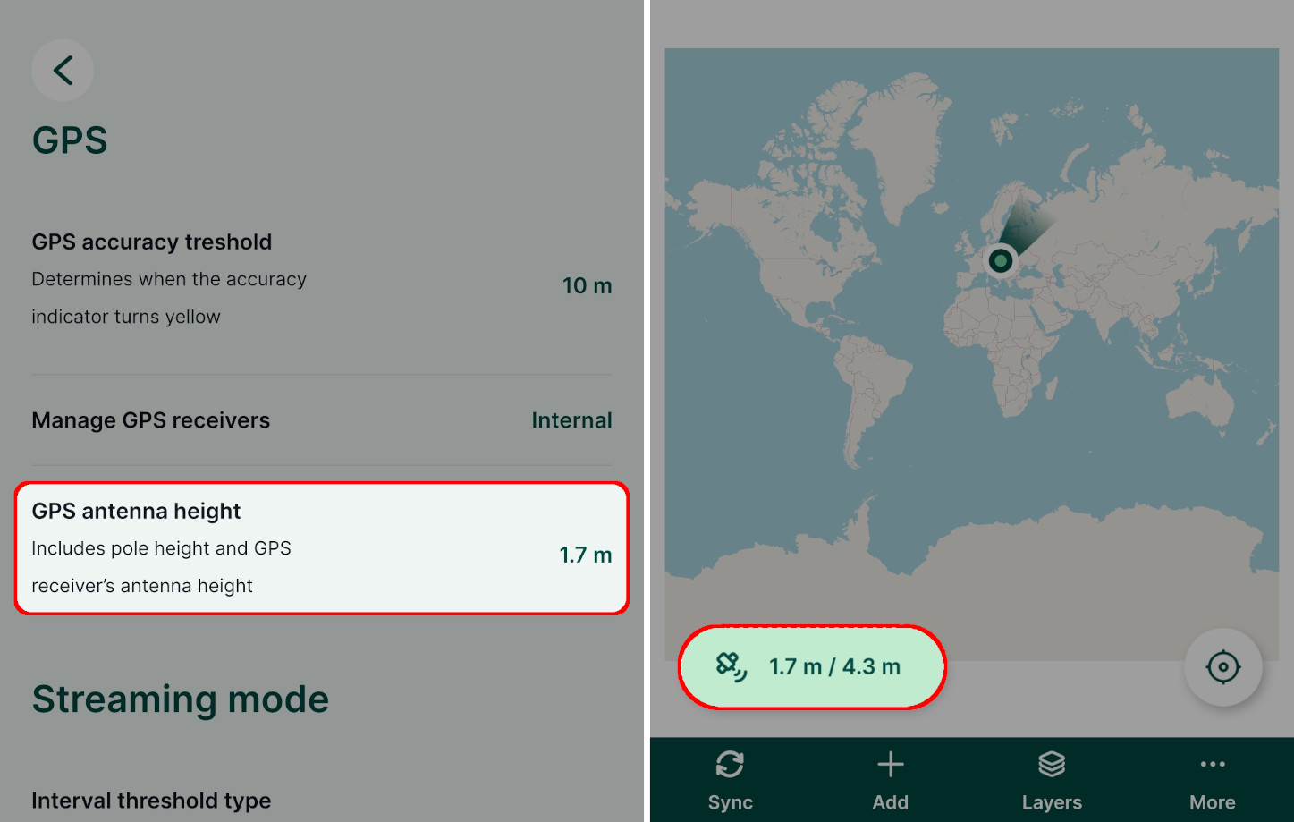 GPS antenna height setup in Mergin Maps mobile app