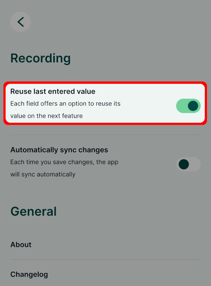 Settings Reuse last entered value option