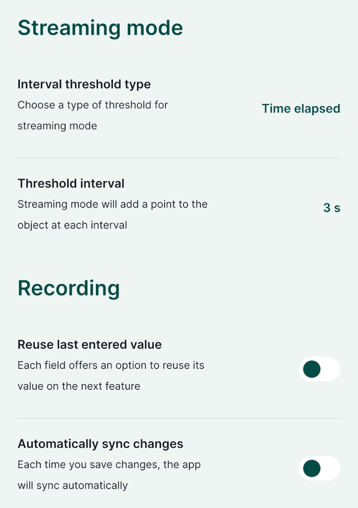 Mergin Maps mobile app Streaming mode and recording settings