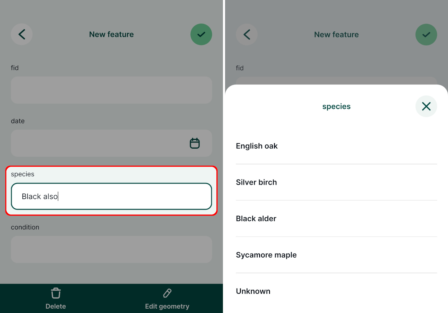 Attributes form drop-down list in Mergin Maps mobile app