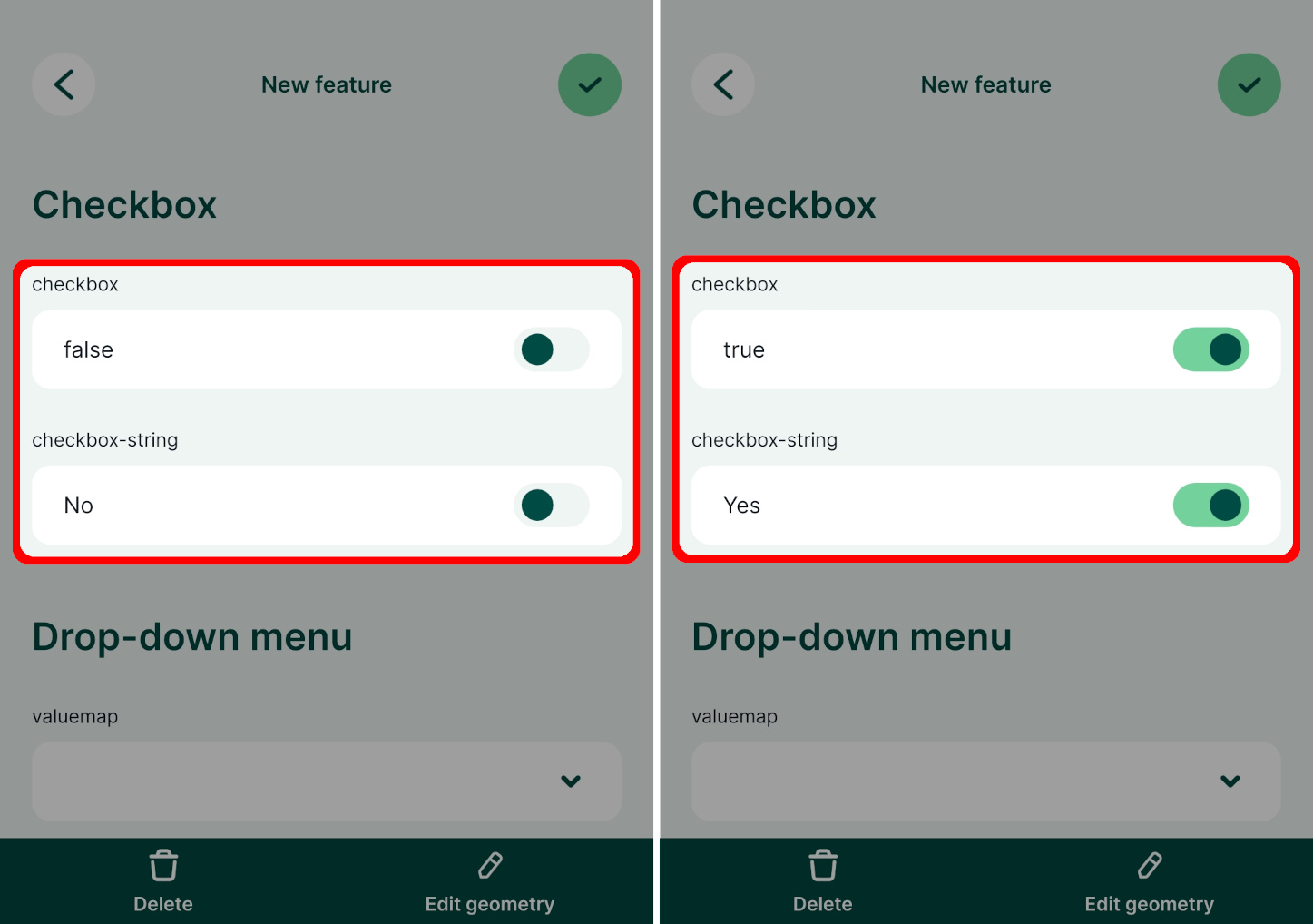 Mergin Maps mobile app checkbox field form