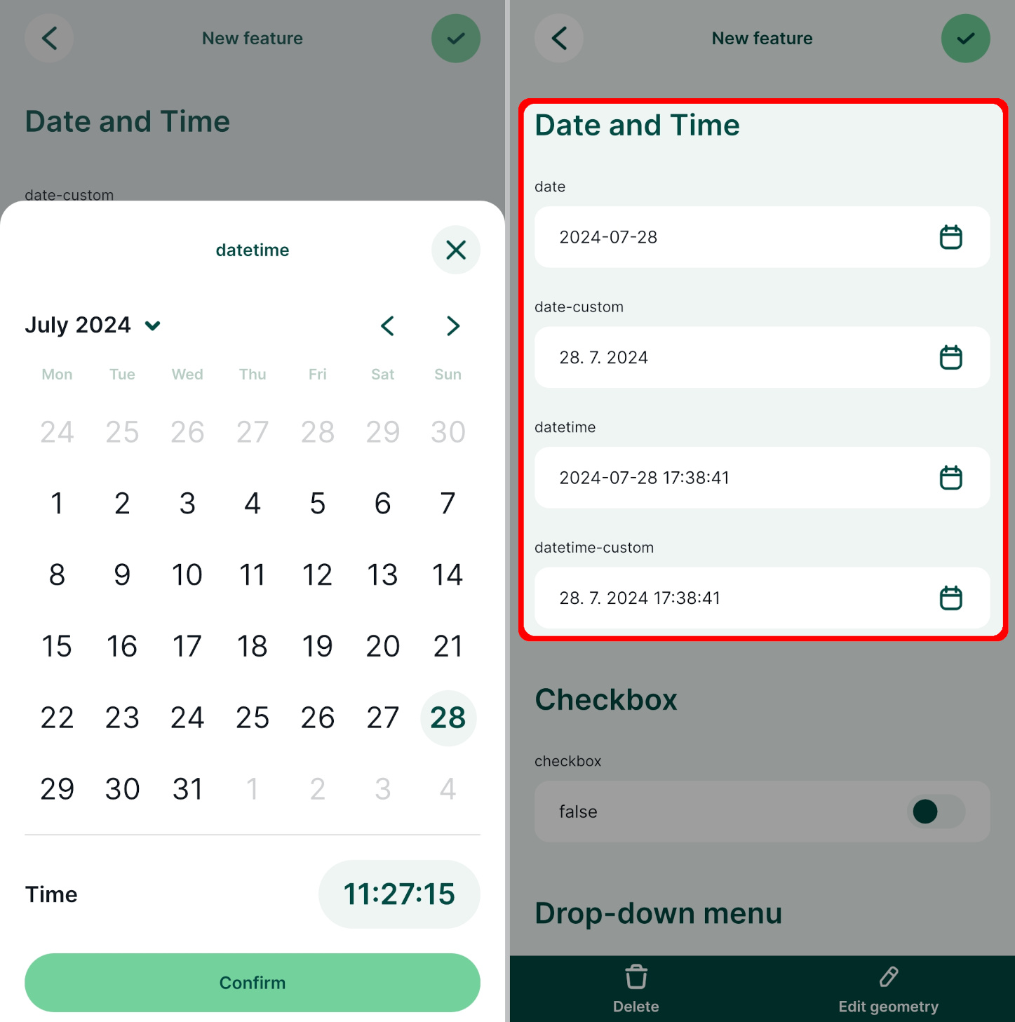 Mergin Maps mobile app calendar form date time fields