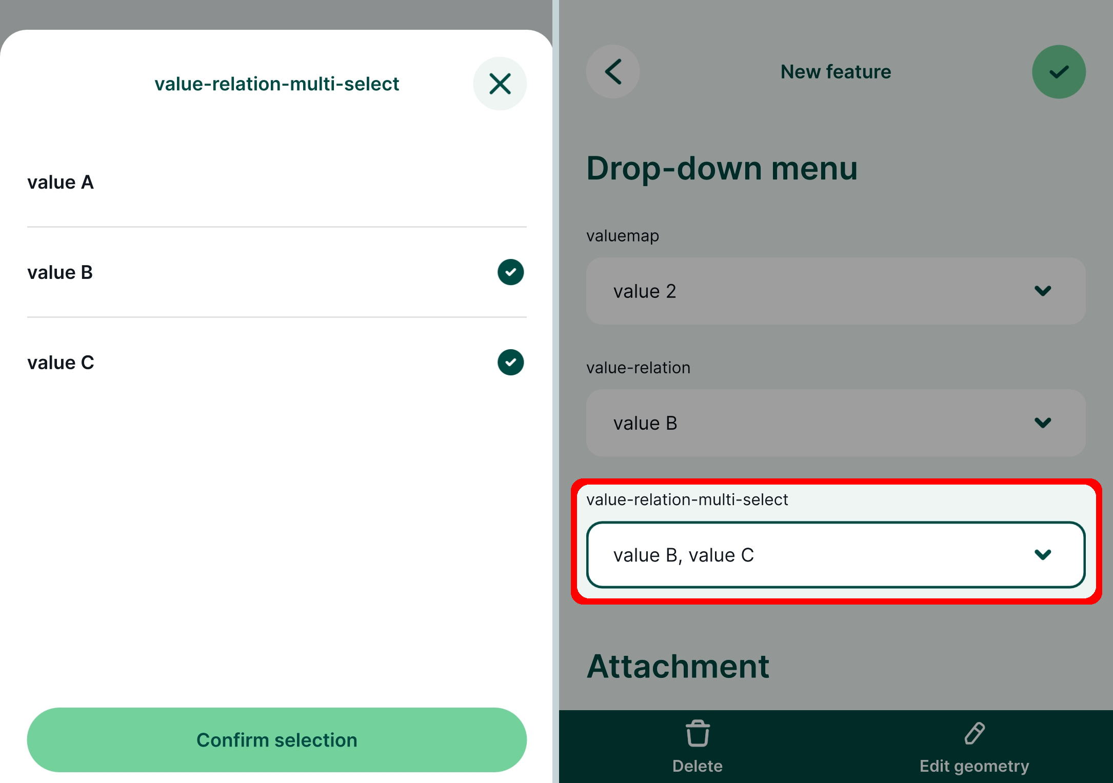 Mergin Maps mobile app value relation multiple selection