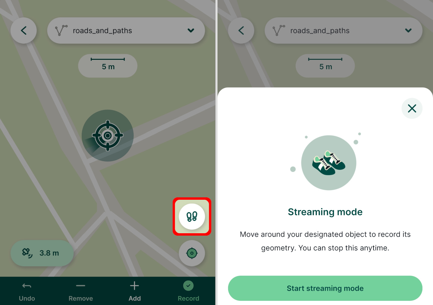 Mergin Maps mobile app start streaming mode