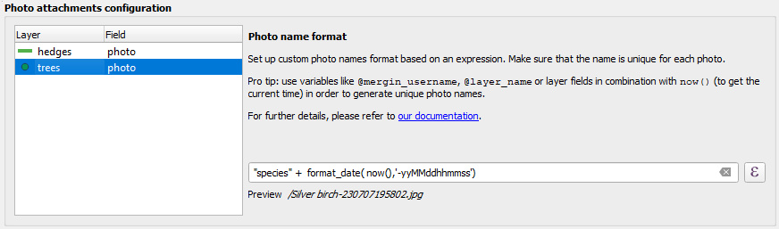 Mergin Maps QGIS Plugin Custom photo name setup without custom folder
