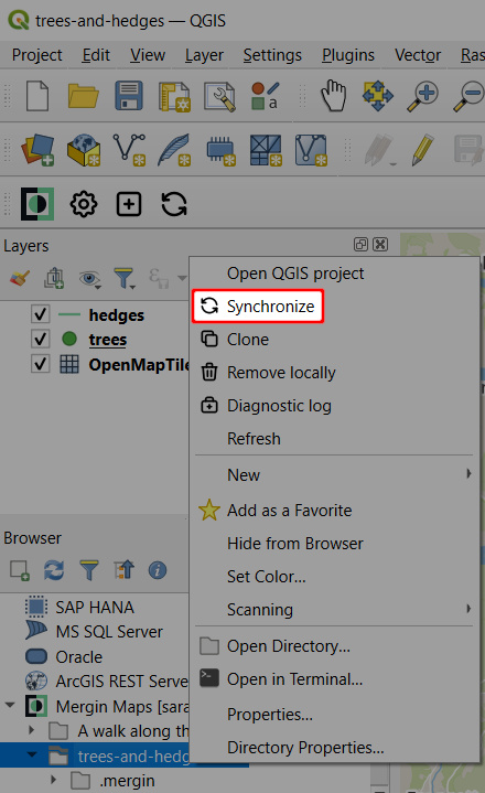 QGIS browser synchronise Mergin Maps project option