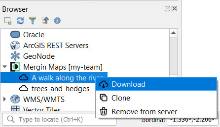 Download Mergin Maps project option in QGIS browser