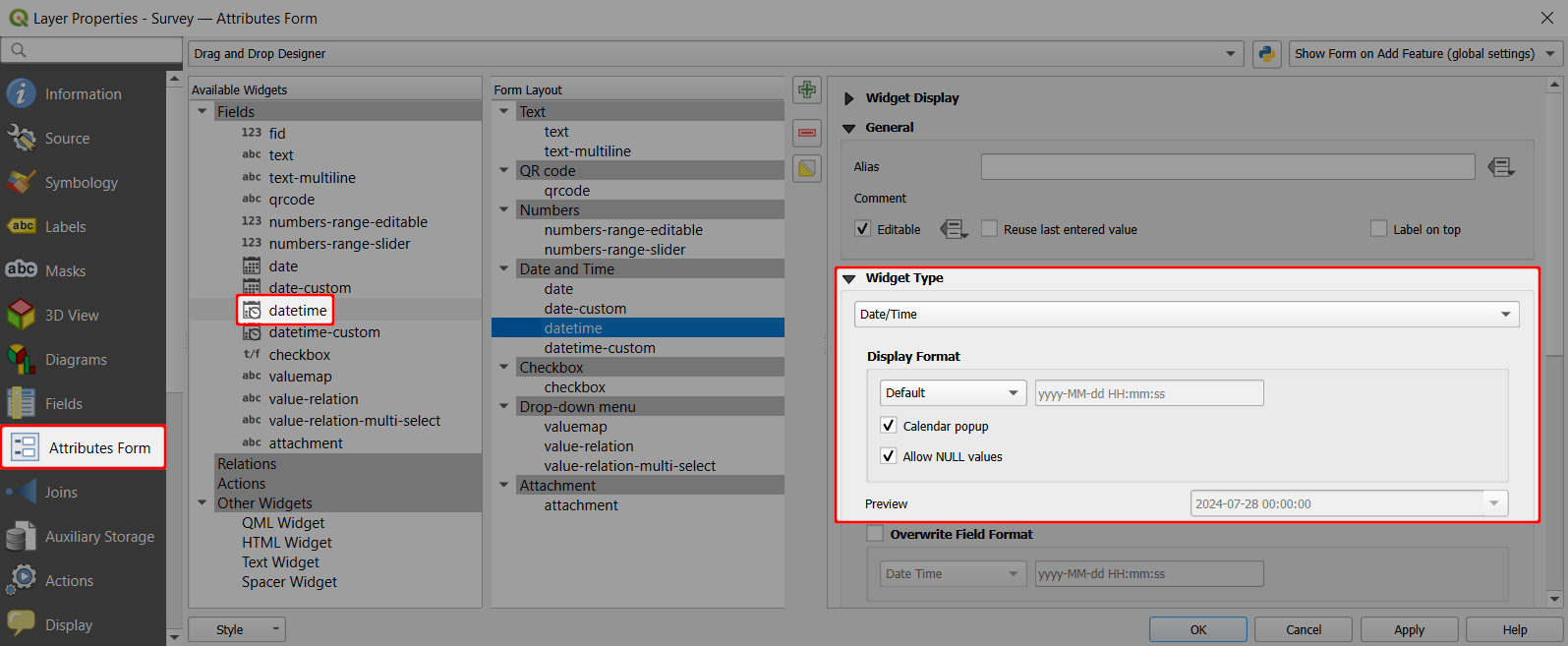 QGIS date time field form