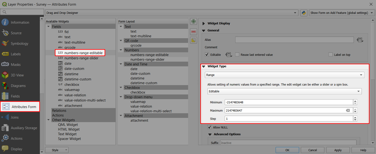 QGIS number editable range field form