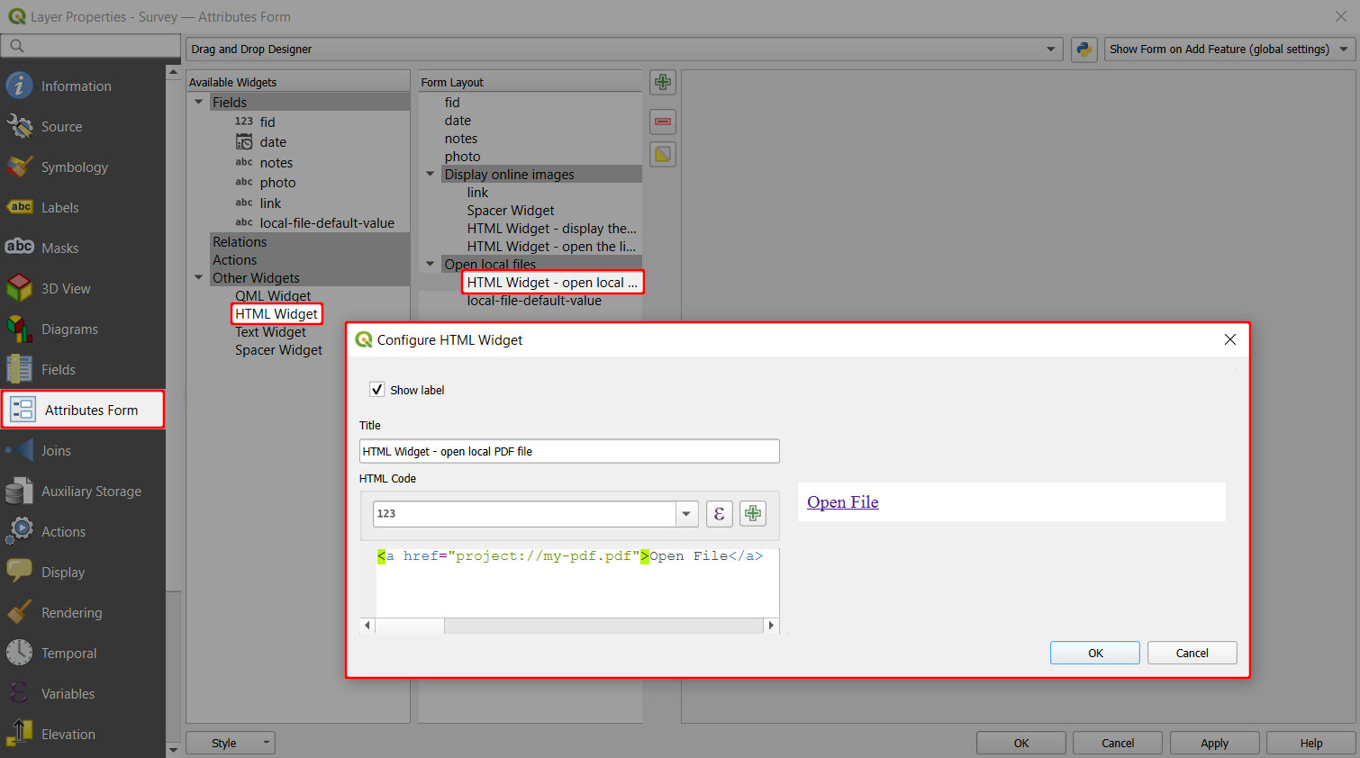 QGIS attributes form open local file using HTML widget