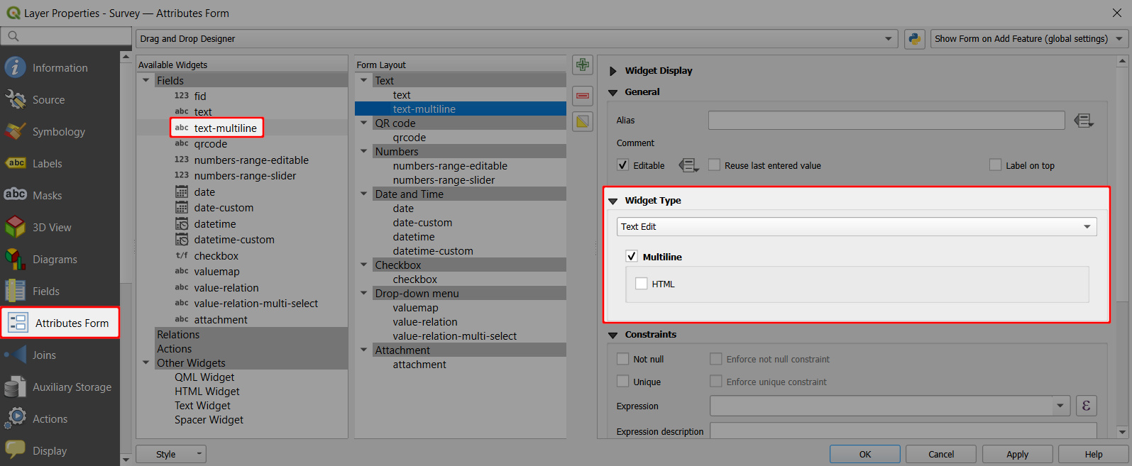 QGIS multiline text field setup