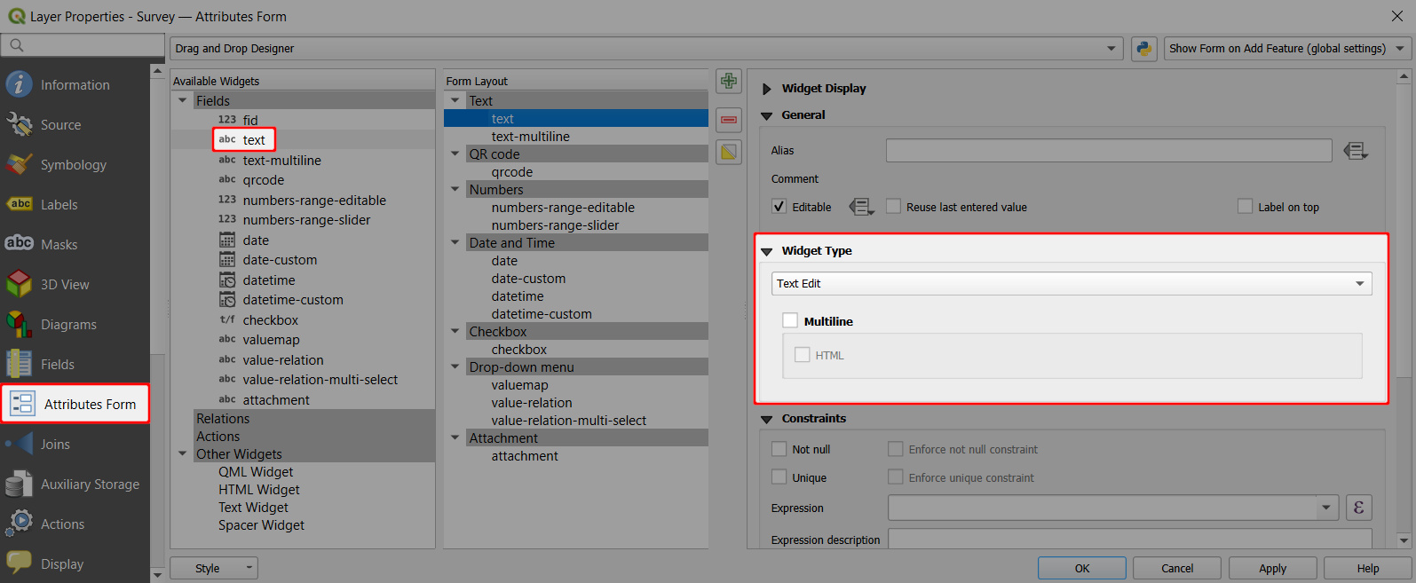 QGIS Text Edit Widget Type