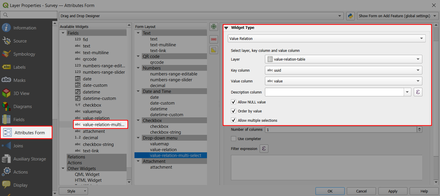 QGIS value relation field form