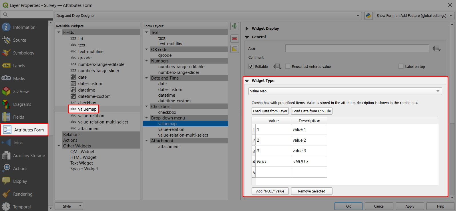 QGIS value map field form