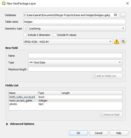 Create GeoPackage line layer with defined attributes