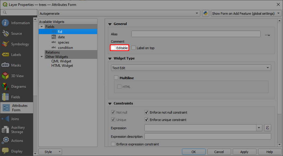 QGIS Attributes form unchecked editable option