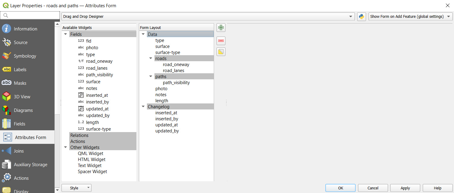 QGIS form with tabs and groups