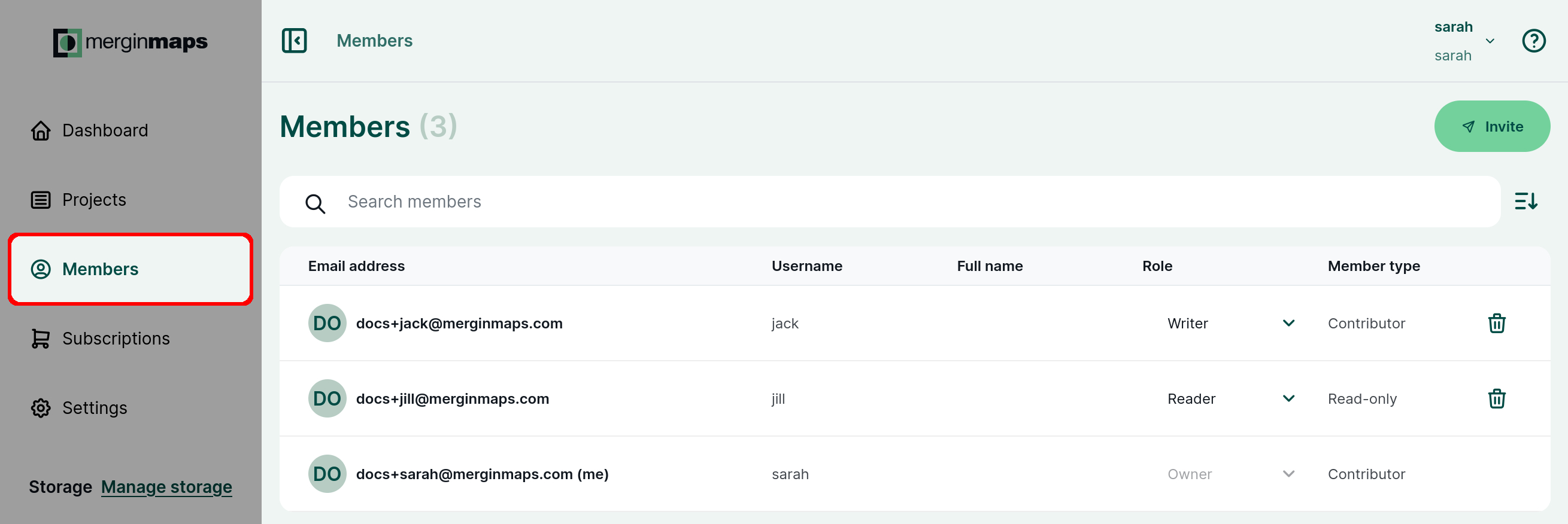 Mergin Maps dashboard members tab