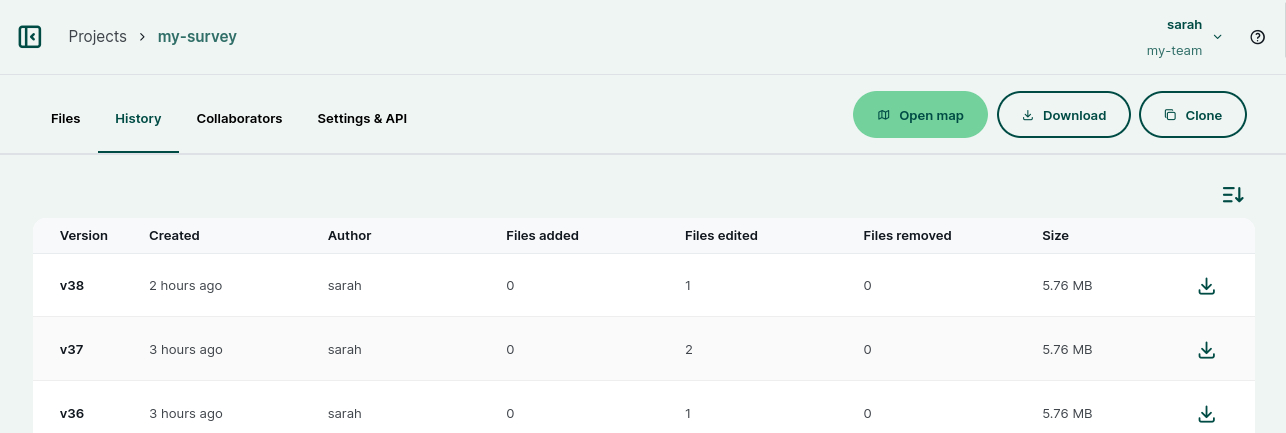 Project history in Mergin Maps dashboard