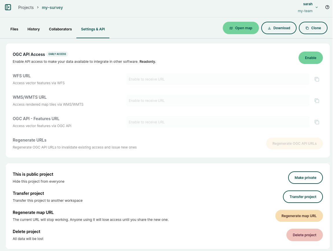Project settings in Mergin Maps Dashboard