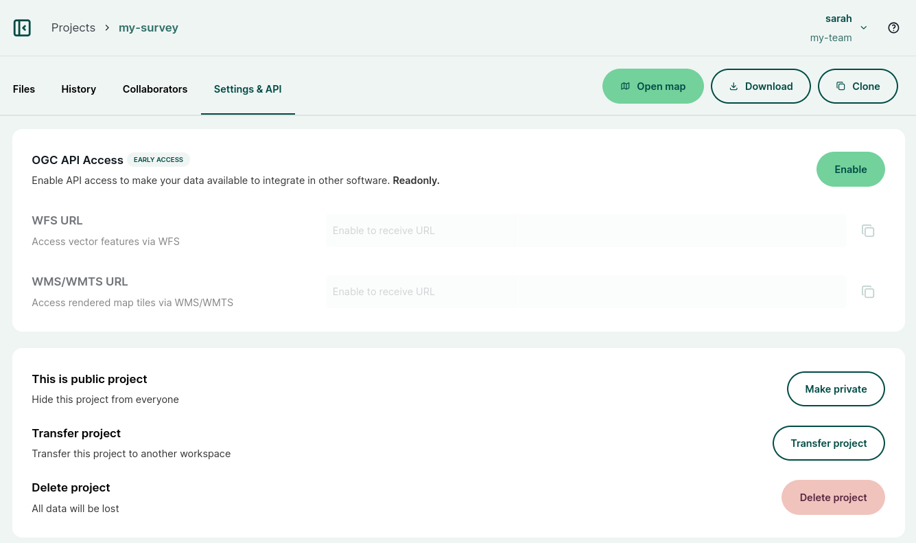 Project settings in Mergin Maps Dashboard