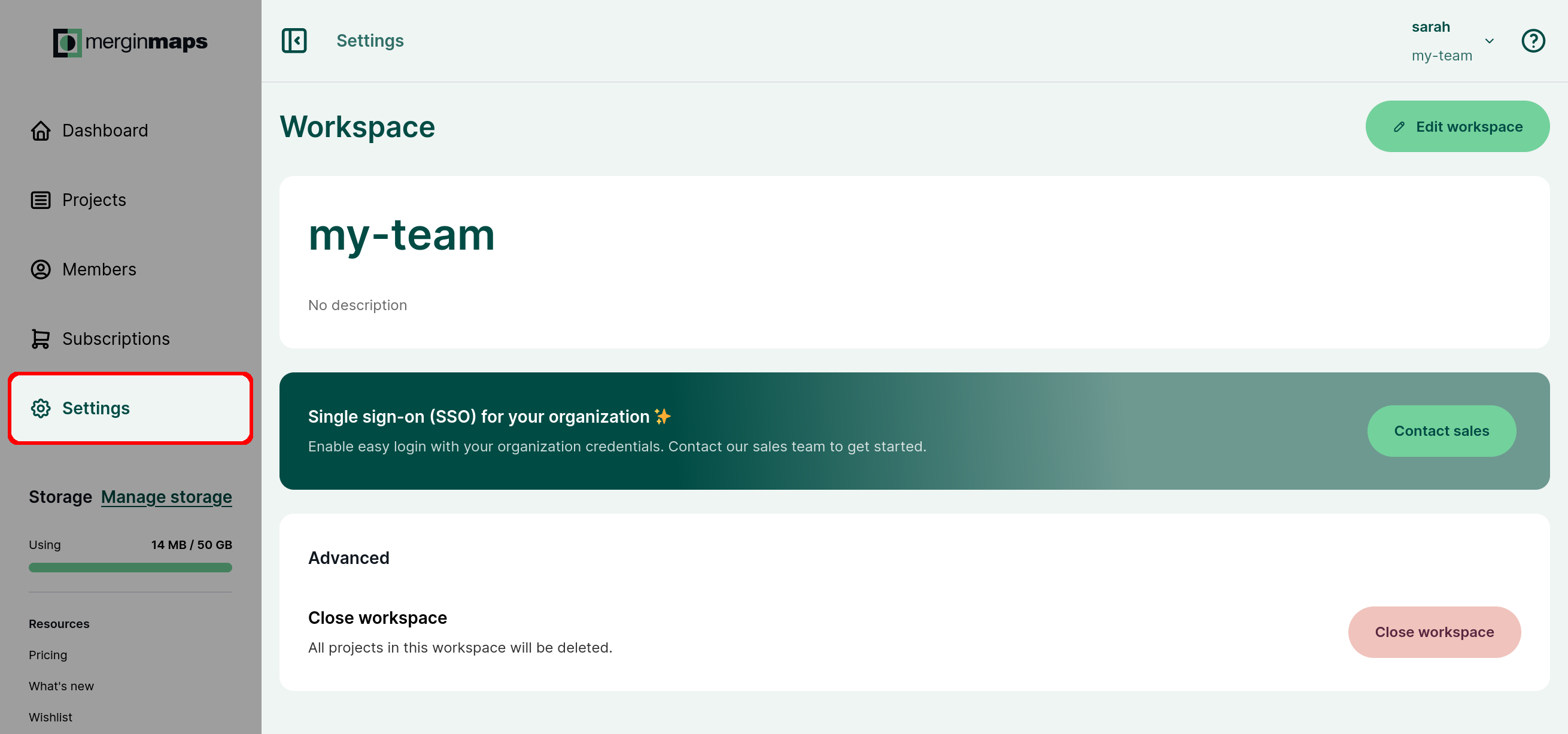 Mergin dashboard web workspace settings
