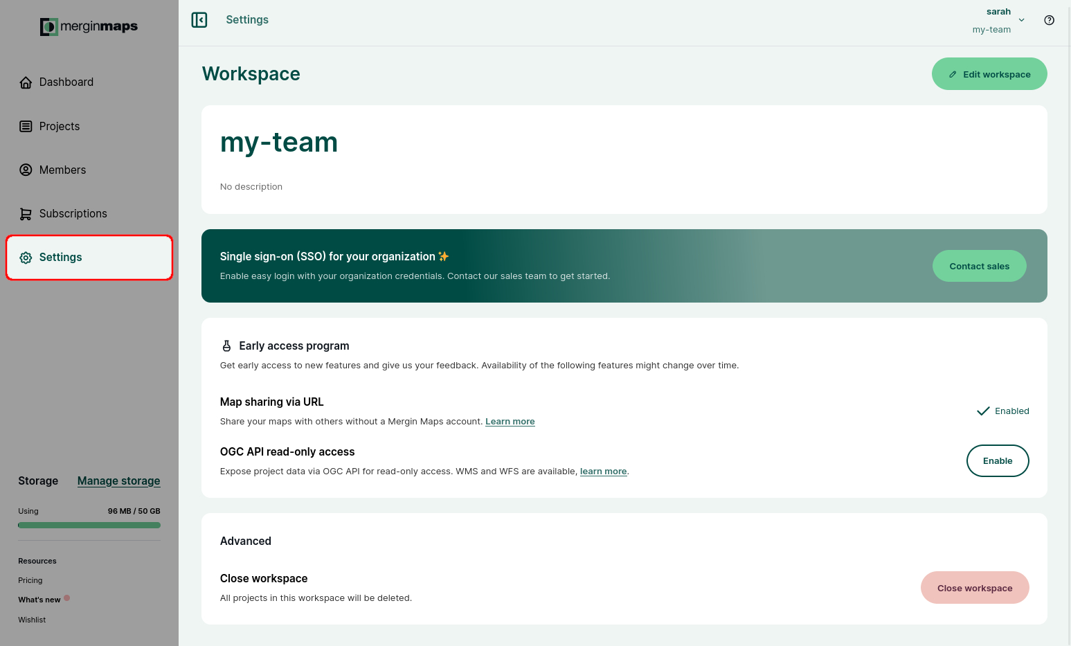 Mergin dashboard web workspace settings