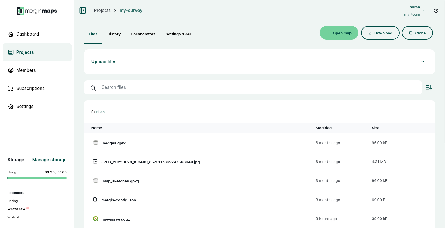 Mergin Maps dashboard project details