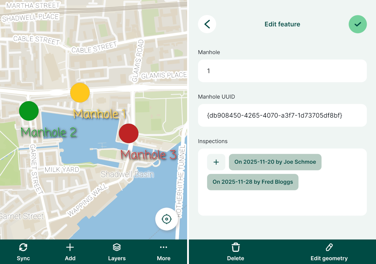 Multiple inspections linked to one point in Mergin Maps mobile app