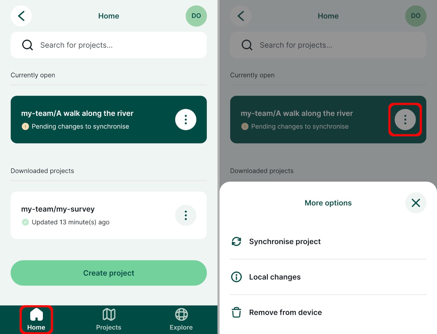 Mergin Maps mobile app Home tab