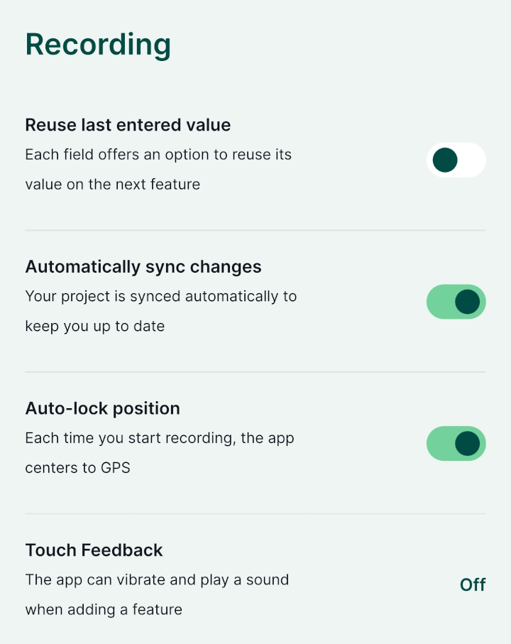 Mergin Maps mobile app recording settings