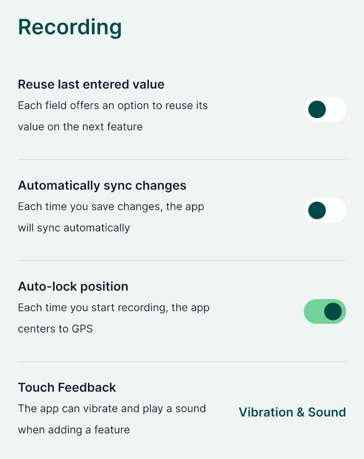 Mergin Maps mobile app recording settings