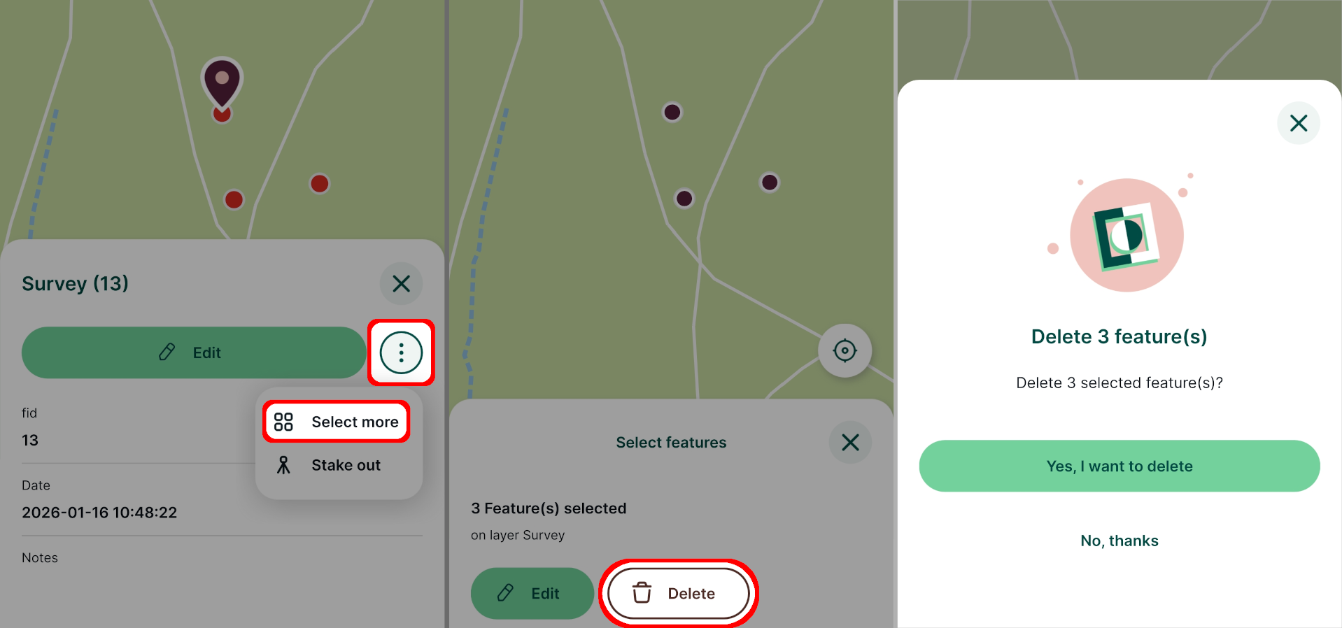 Delete multiple features in Mergin Maps mobile app
