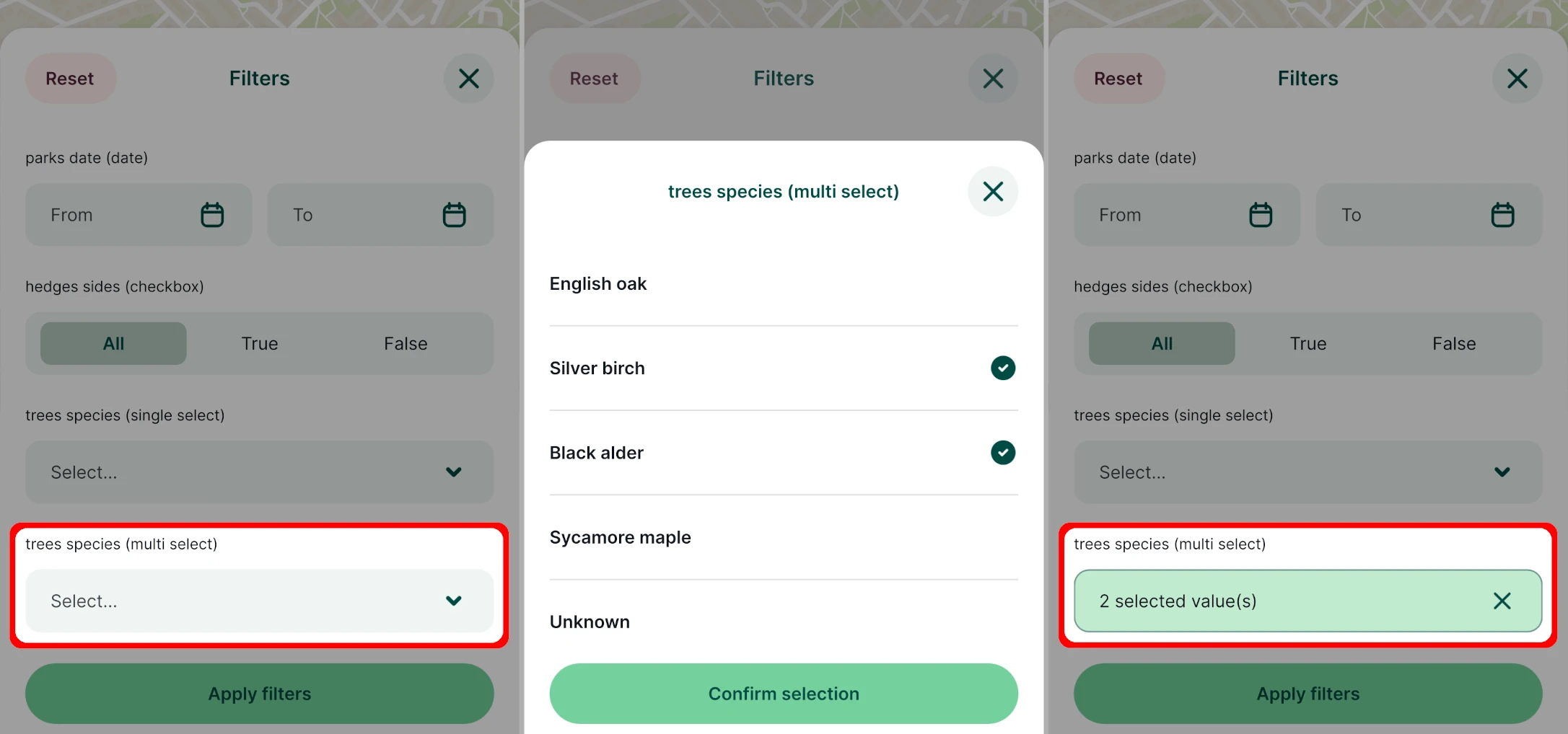 Mergin Maps mobile app Multi select filter