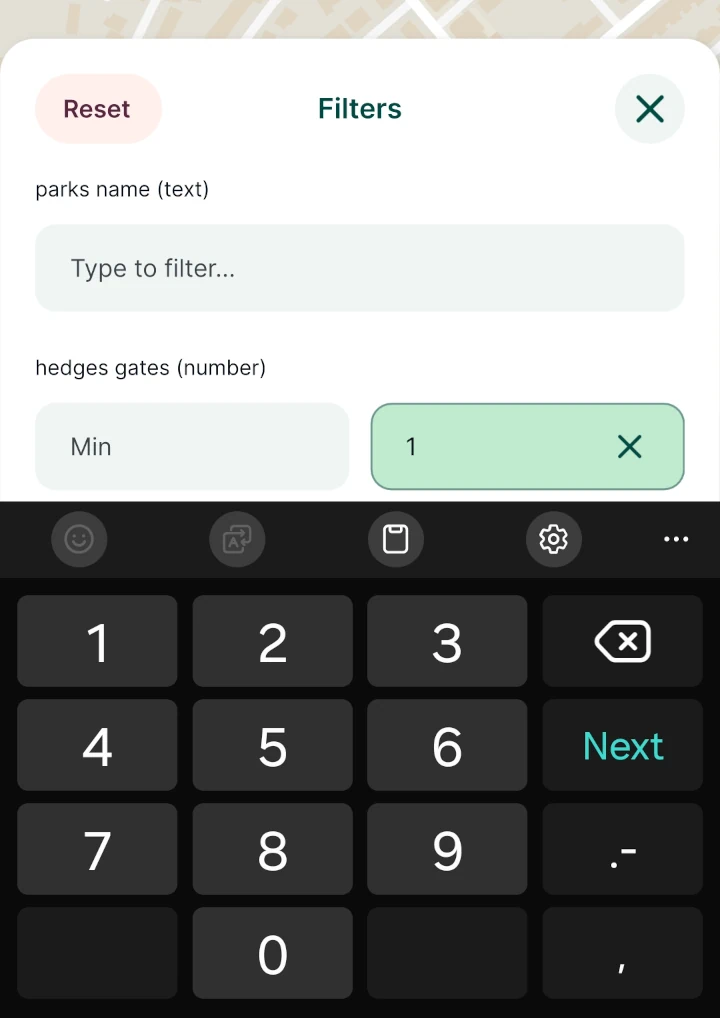 Mergin Maps mobile app Number filter