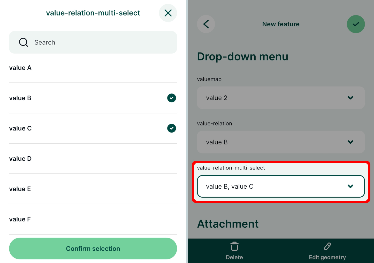 Mergin Maps mobile app value relation multiple selection