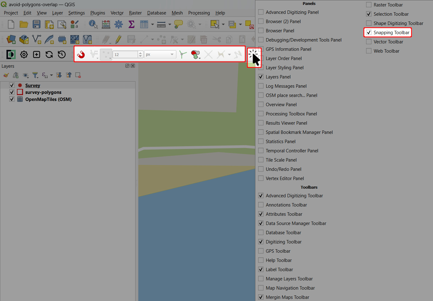 Activated Snapping toolbar in QGIS