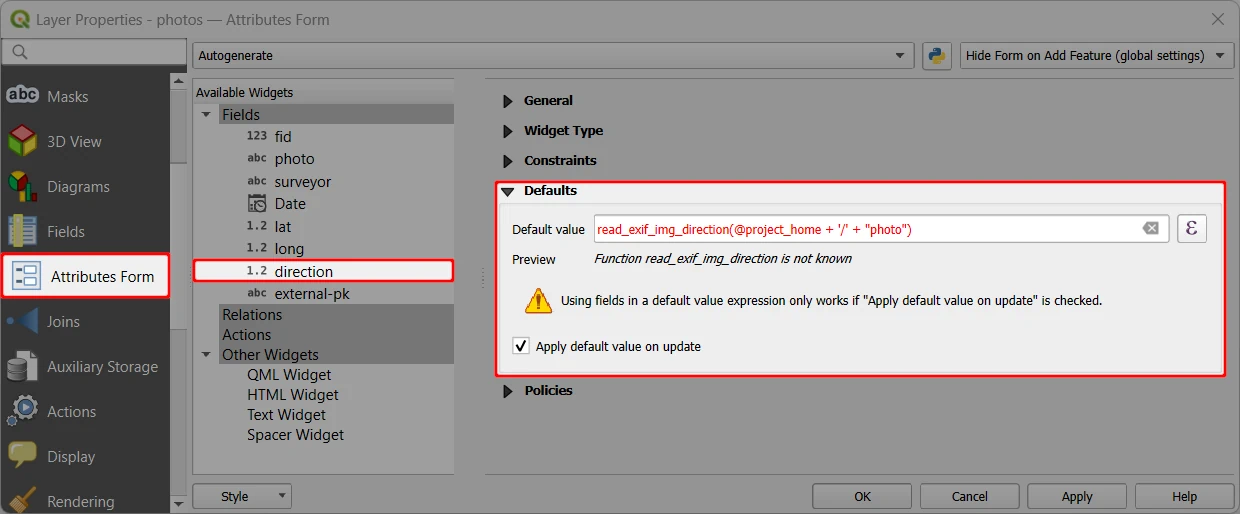 QGIS Attributes form default value photo direction QGIS Attributes form default value photo direction